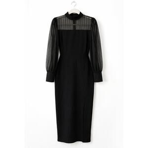 Black Sheer Mesh Sleeve Midi Dress Mock Neck Long Sleeve Elegant Bodycon L